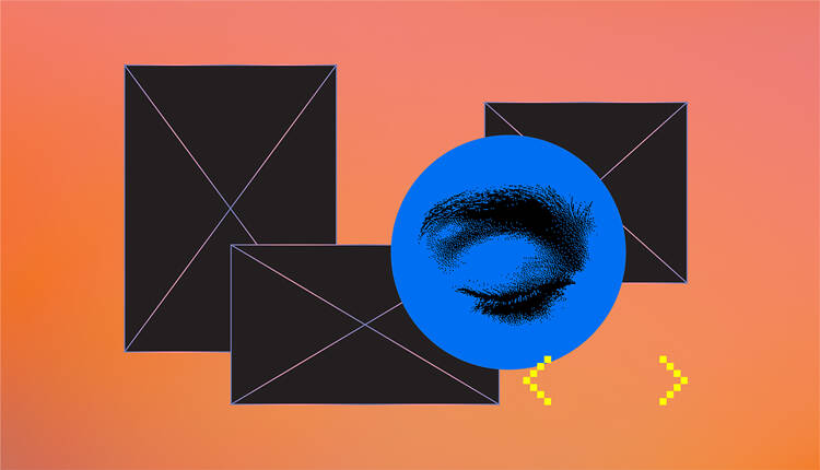 Graphic collage of black rectangles and a closed eye on top of a peach background