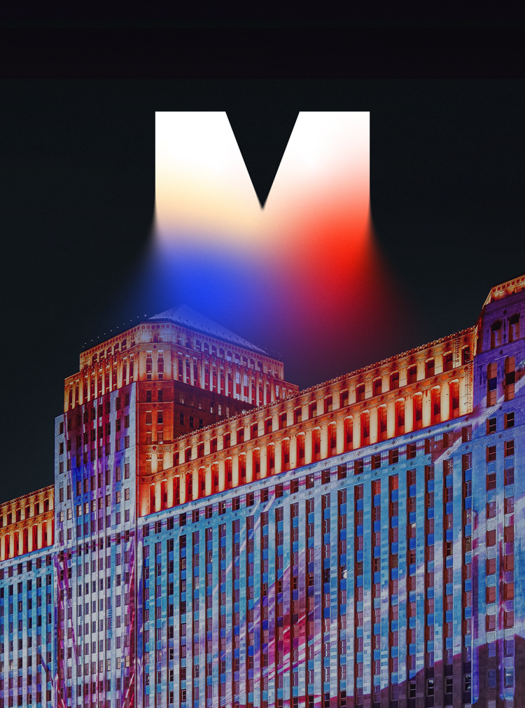 ART on the MART Logo overlaid onto The Mart in Chicago, Vertical Thumbnail