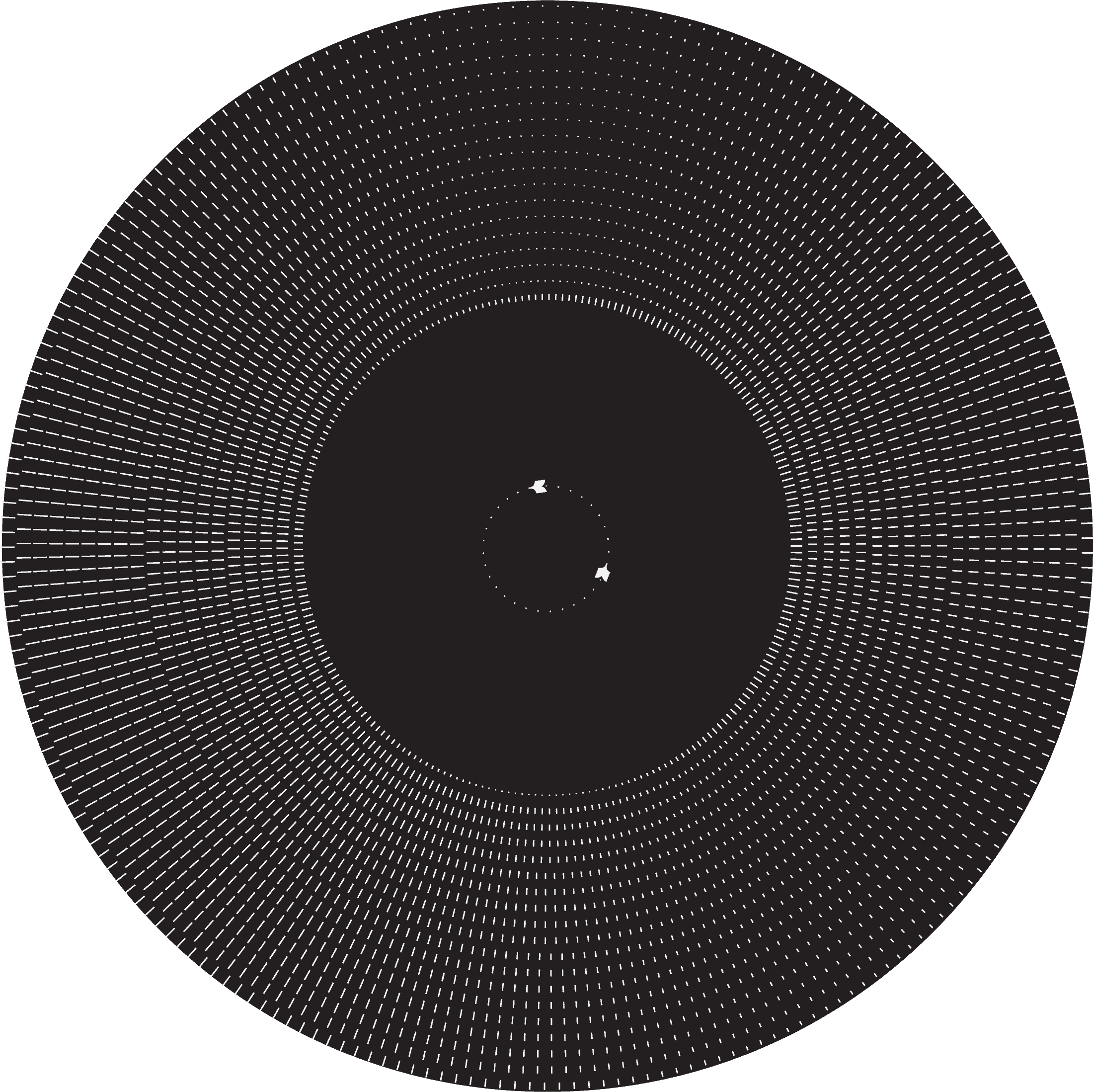 Black clock face with numerous white tick marks surrounding an opening in which small arrows fly in a circle.